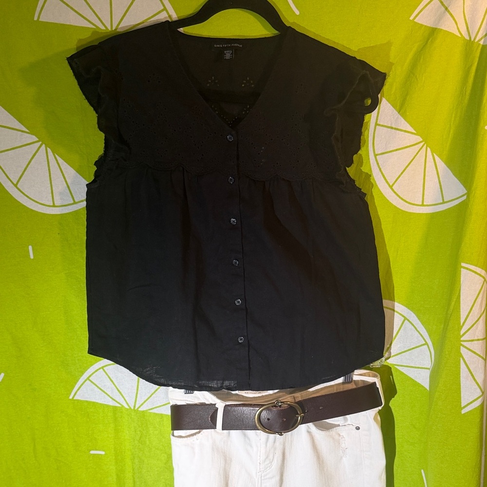 Saks Fifth Avenue Black Eyelet Button-Up